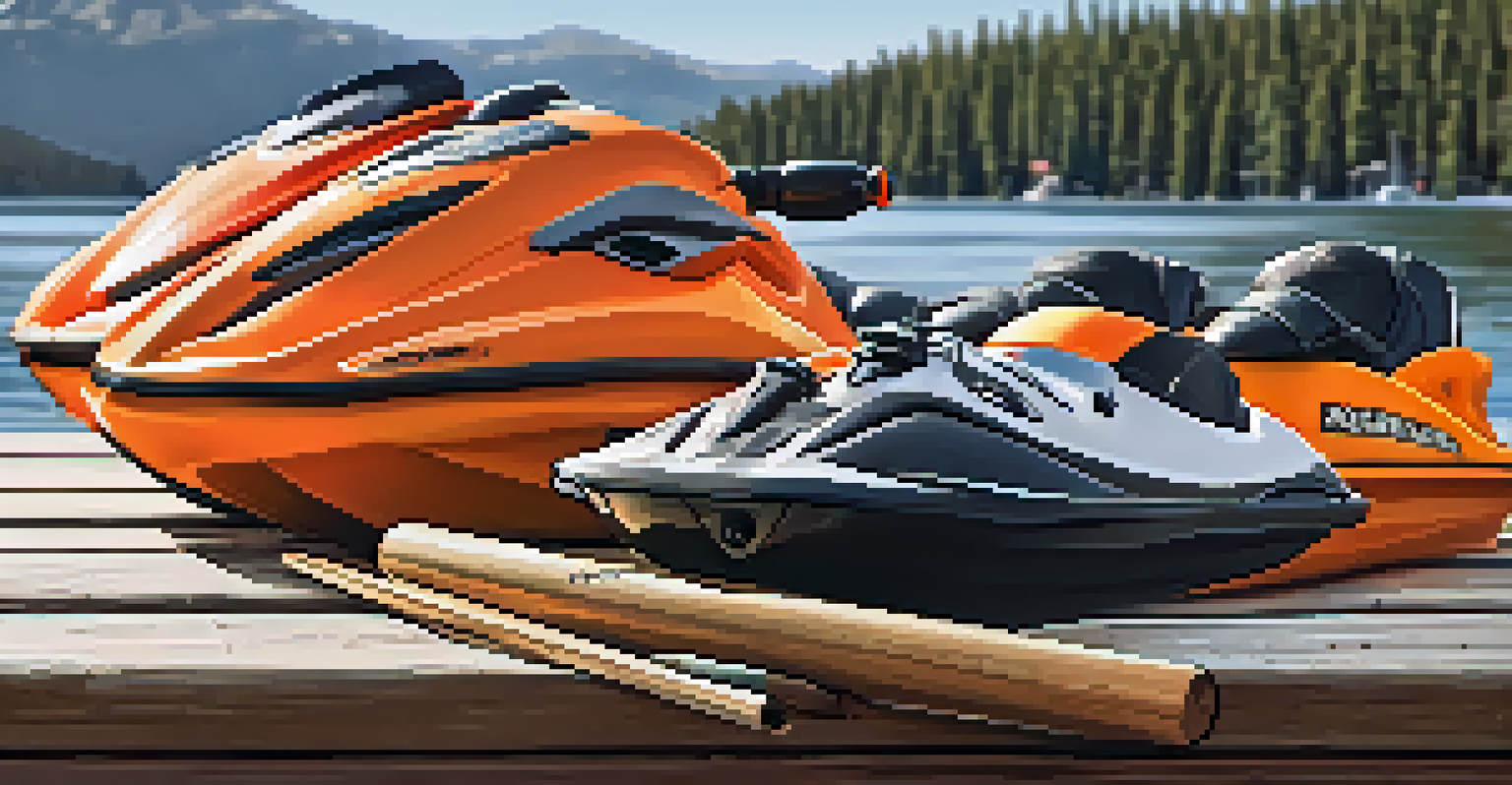 A detailed view of jet skiing gear on a dock, including a life jacket, sunglasses, and sunscreen, with Big Bear Lake in the background.