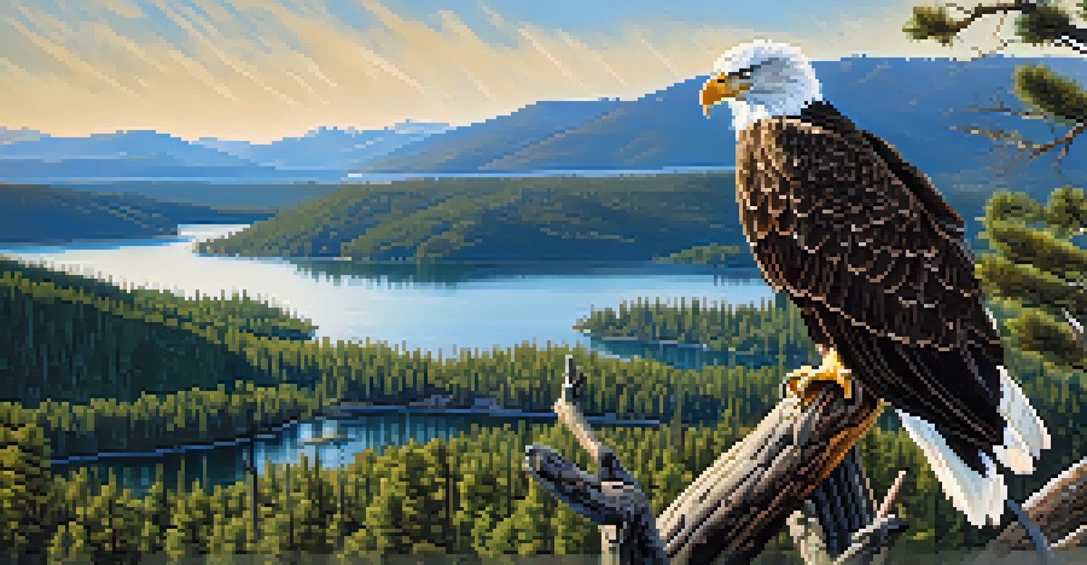 A majestic bald eagle perched on a branch with Big Bear Lake in the background.