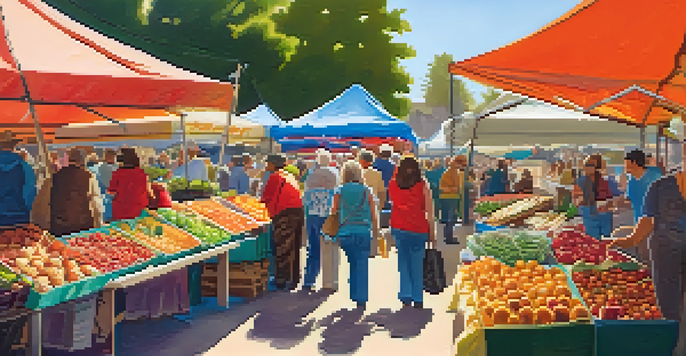 A lively farmers market in Big Bear with colorful stalls of fruits and vegetables, under a warm morning sun, featuring vendors and customers interacting.