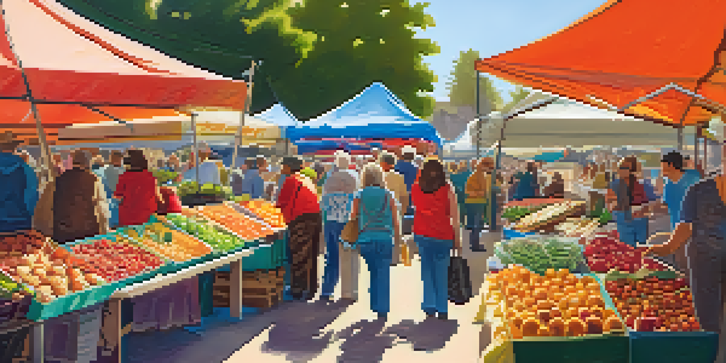 A lively farmers market in Big Bear with colorful stalls of fruits and vegetables, under a warm morning sun, featuring vendors and customers interacting.
