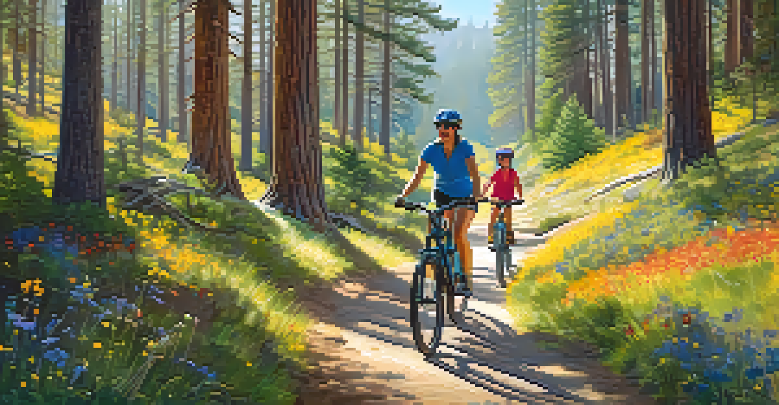 A family biking on scenic trails in San Bernardino National Forest, surrounded by trees and wildflowers, enjoying the outdoor adventure.
