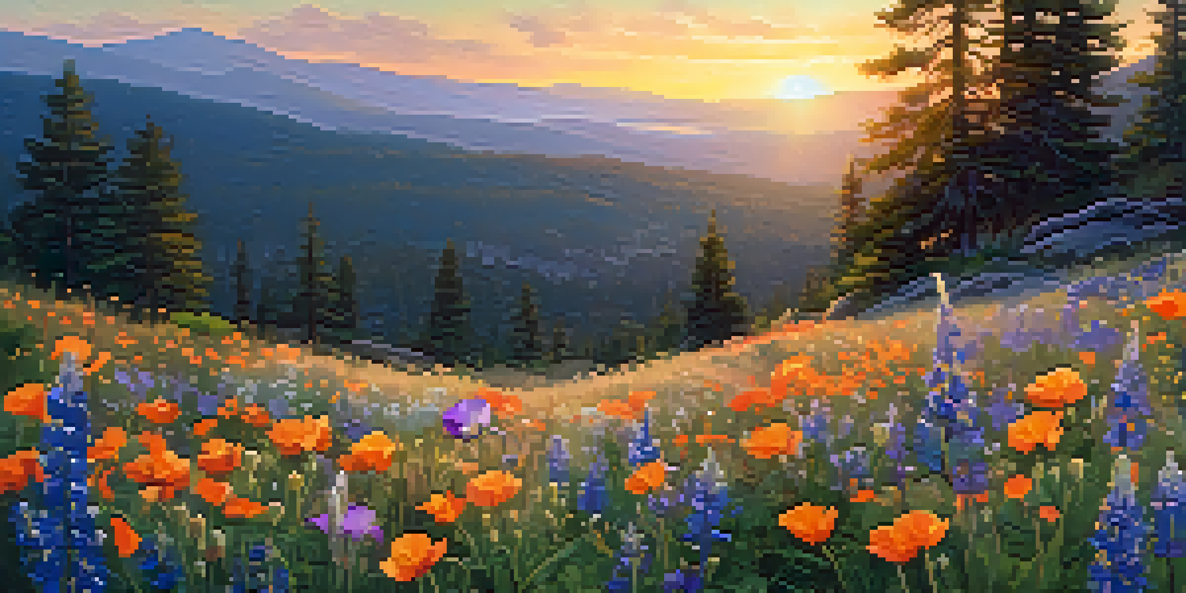 A colorful field of wildflowers in Big Bear with poppies and lupines, illuminated by golden hour sunlight against a backdrop of rolling mountains.