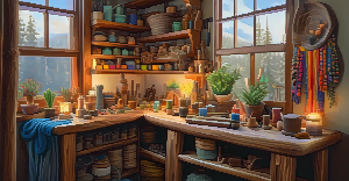 An artisan workshop filled with tools, yarn, and handmade crafts, illuminated by soft, warm light.