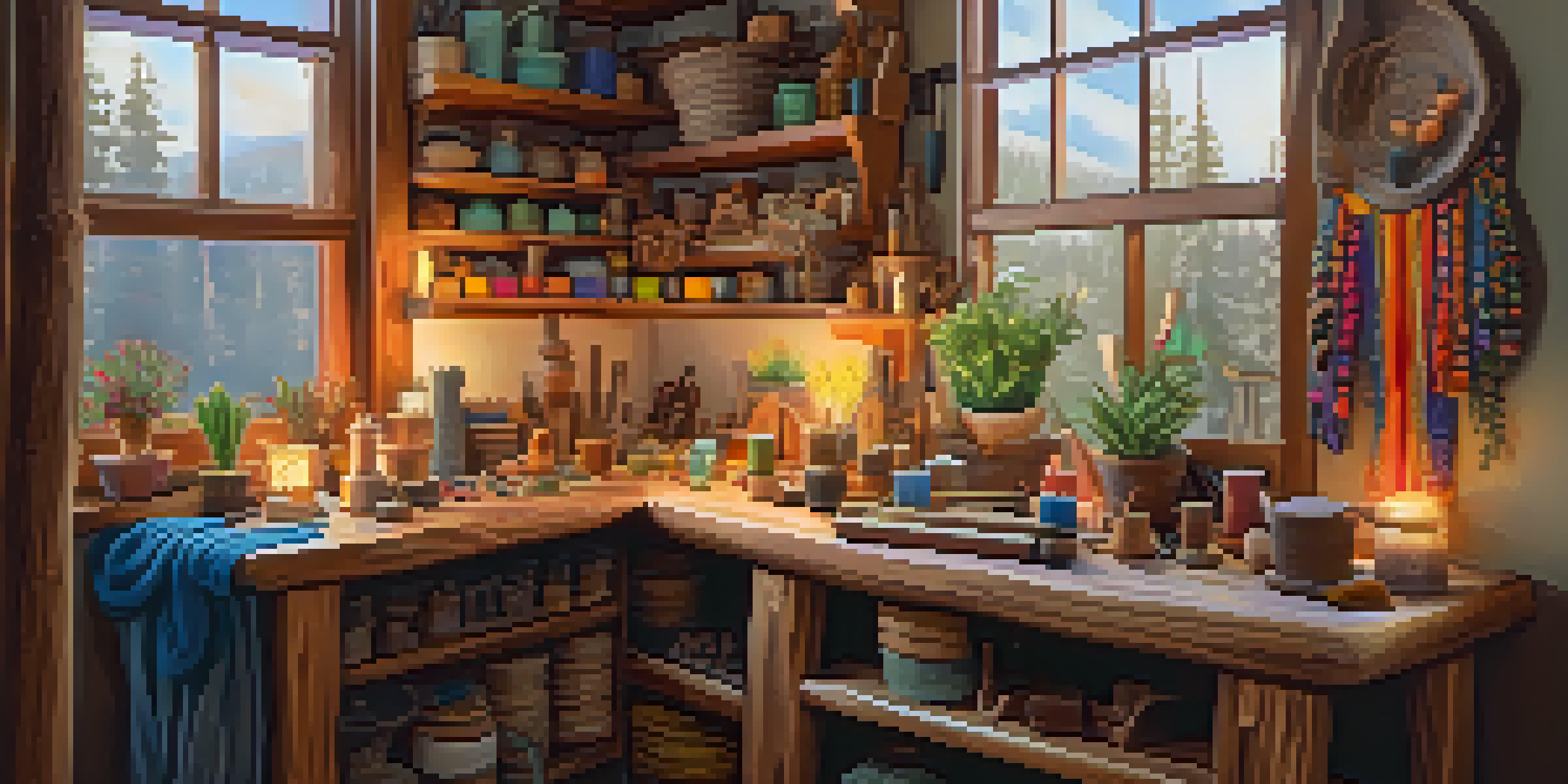 An artisan workshop filled with tools, yarn, and handmade crafts, illuminated by soft, warm light.