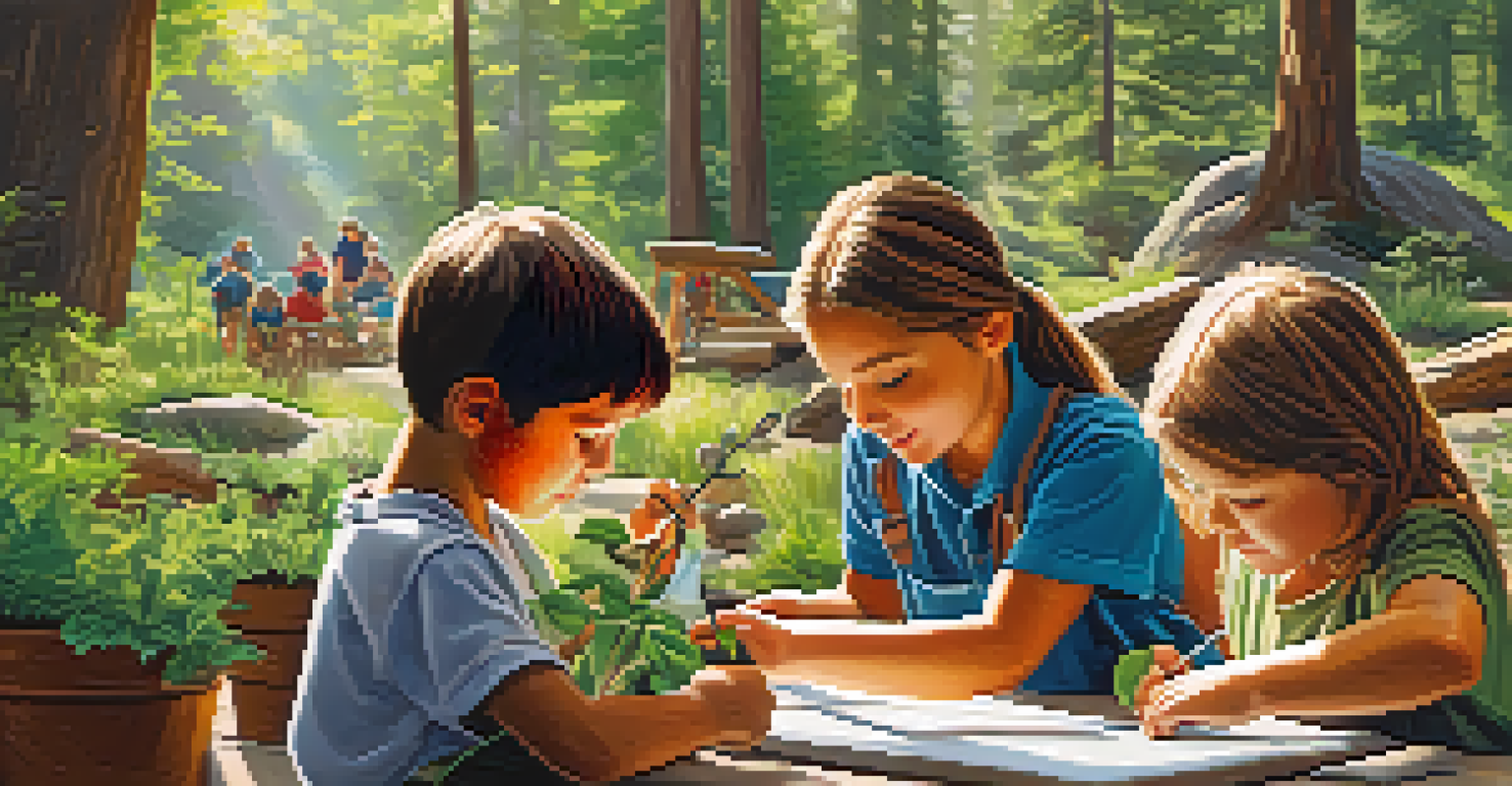Children exploring nature and learning about ecology in an outdoor workshop, with a lush green background and sunlight filtering through trees.