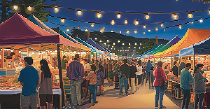 A lively market scene with colorful stalls, string lights, and people enjoying food and music.