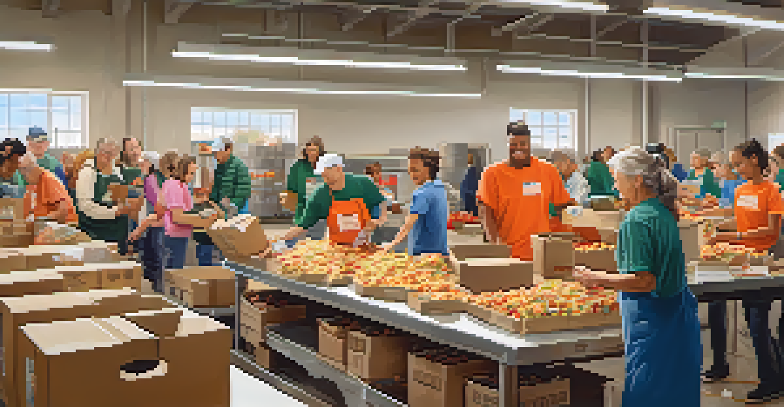 Volunteers of various ages working together to sort food donations at a local food bank.