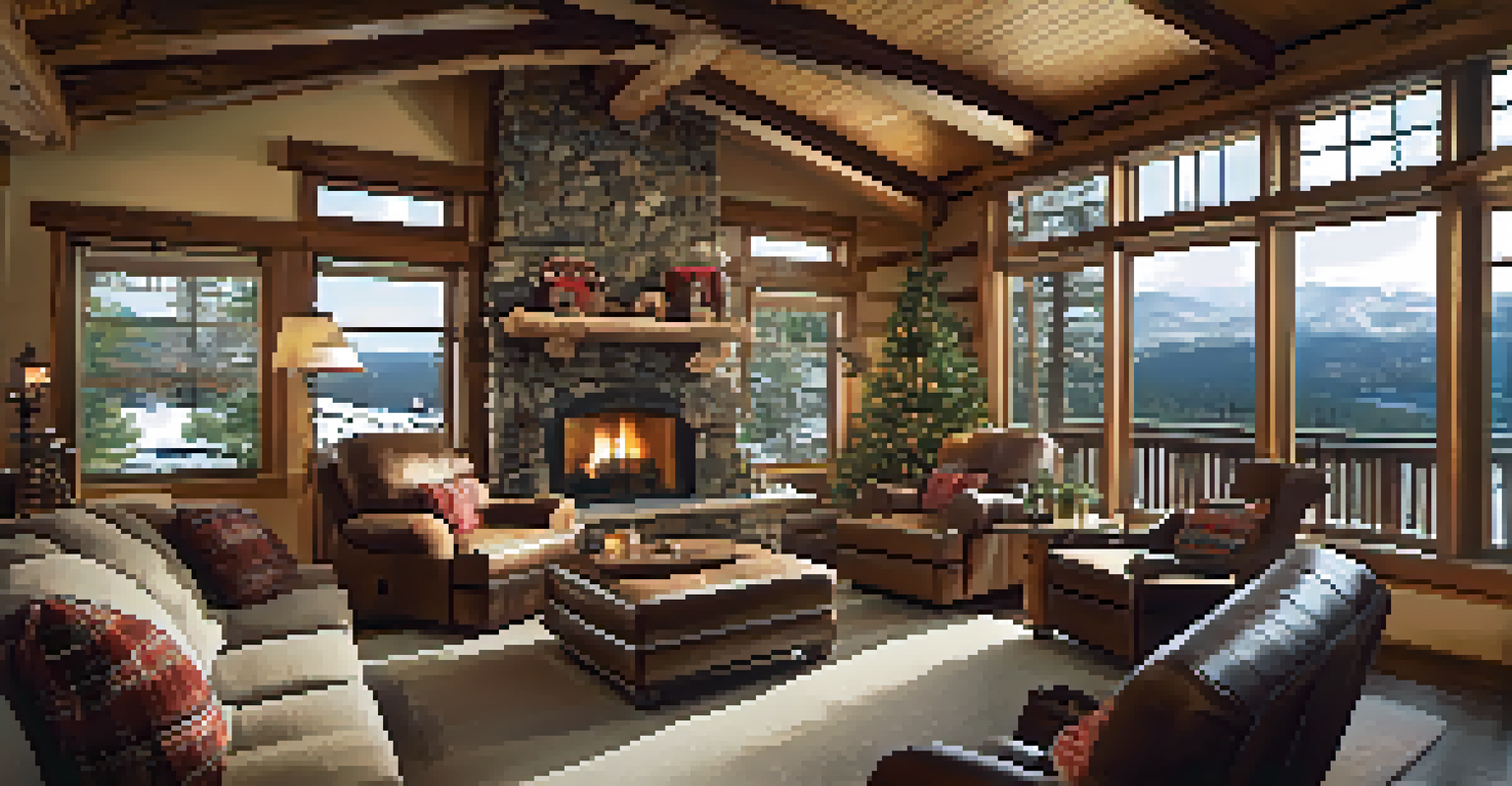 A cozy living room in a vacation rental, with a stone fireplace and large windows overlooking a snowy landscape.