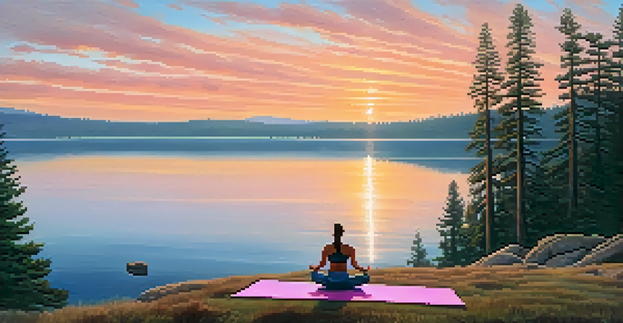 A serene scene of a person meditating on a yoga mat by Big Bear Lake at sunrise, with mist and colorful sky.