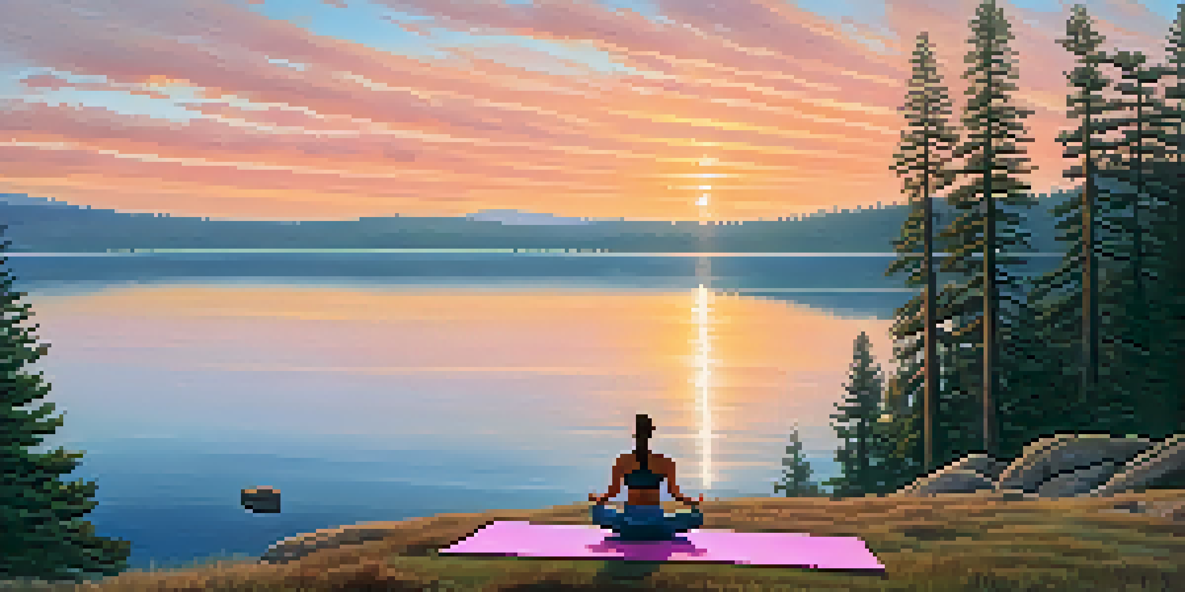 A serene scene of a person meditating on a yoga mat by Big Bear Lake at sunrise, with mist and colorful sky.