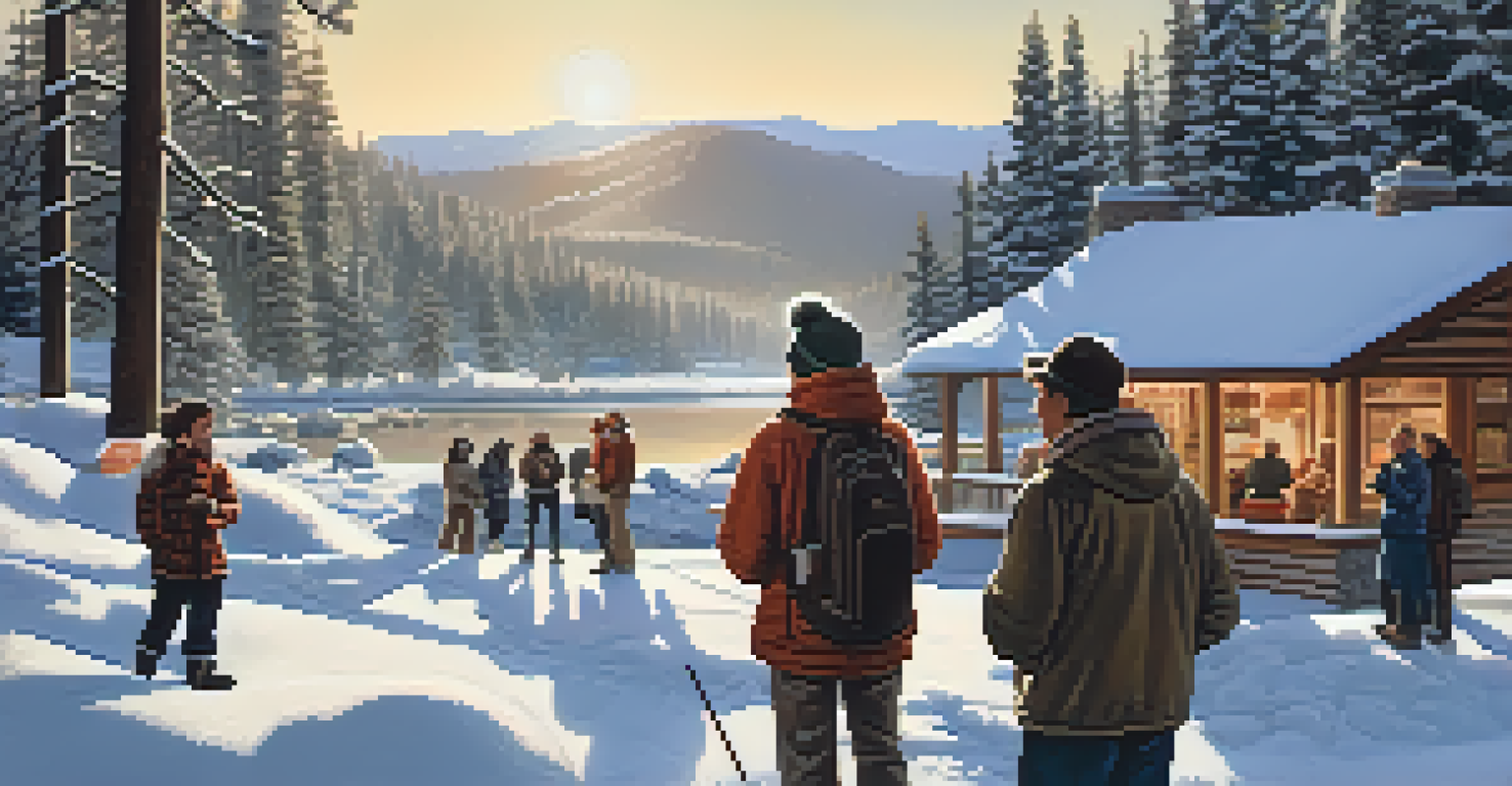 A local guide showing a map to adventurers in a snowy Big Bear landscape, highlighting water sources.