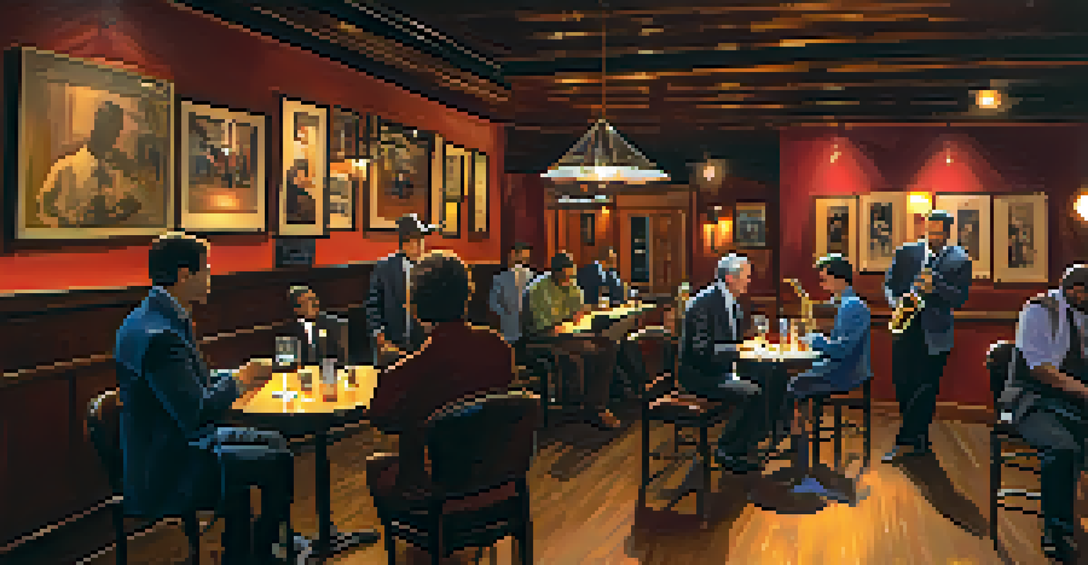 A cozy jazz club in Big Bear with a band performing under warm lighting, patrons enjoying the music.
