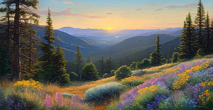 A stunning view of Big Bear at sunset with colorful wildflowers in the foreground and mountains in the background, illuminated by the warm glow of the setting sun.
