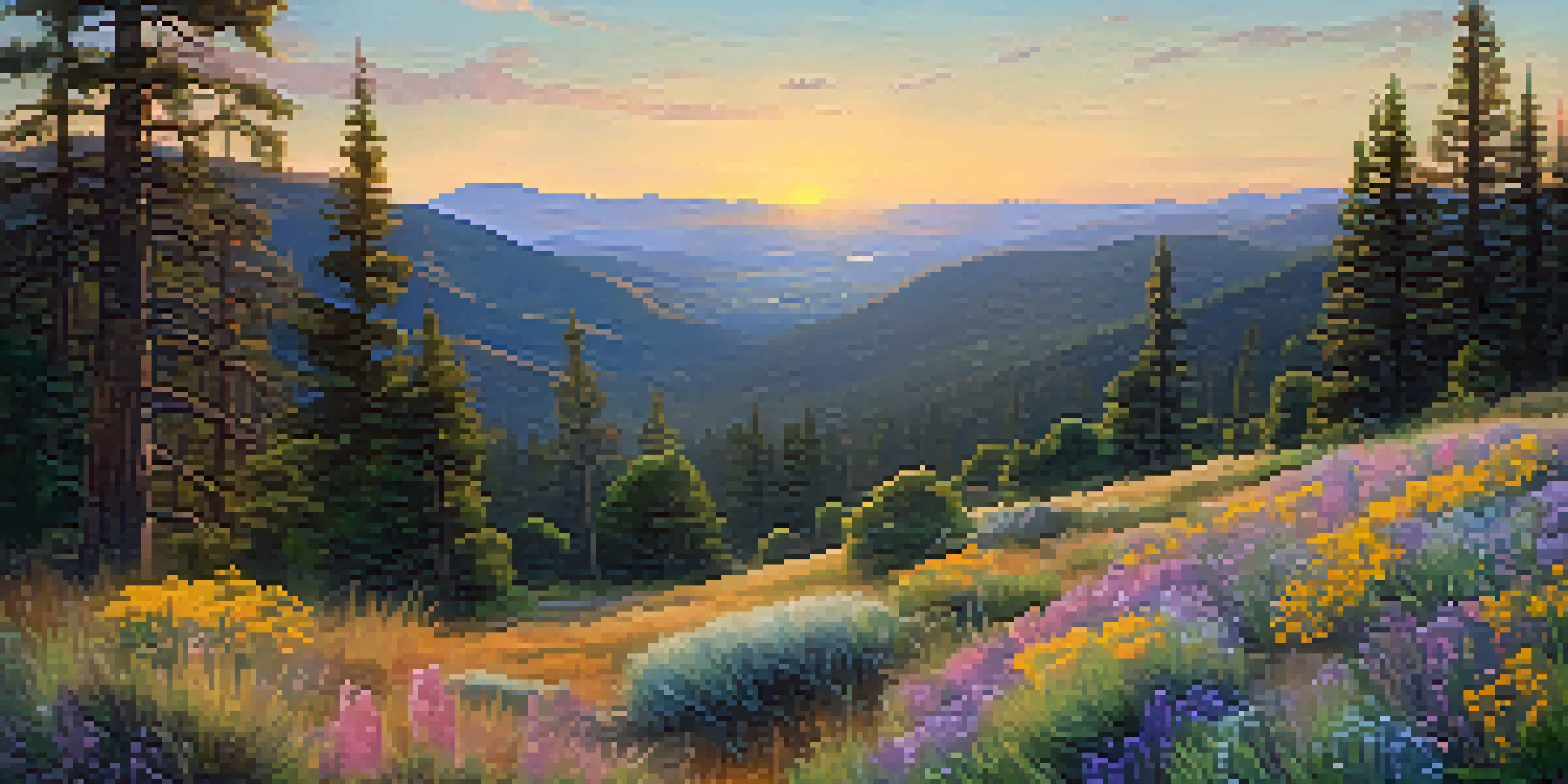 A stunning view of Big Bear at sunset with colorful wildflowers in the foreground and mountains in the background, illuminated by the warm glow of the setting sun.