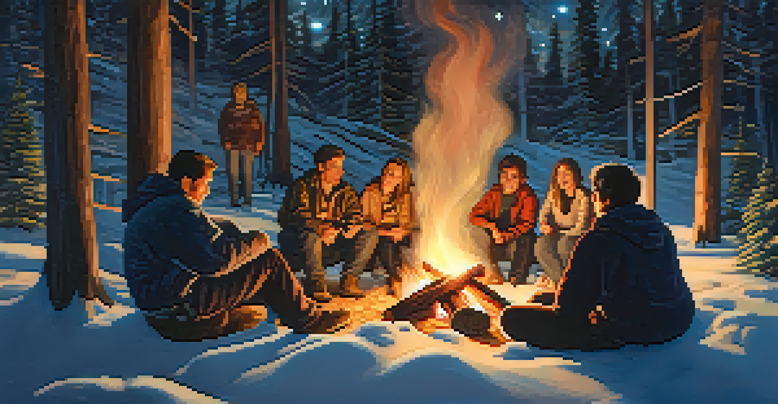 A group of people sitting around a campfire at Big Bear, sharing stories under a starry sky.