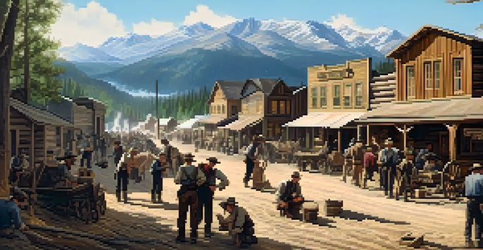 A lively 19th-century mining town scene, with miners in period clothing, wooden stores, and a mountainous backdrop.