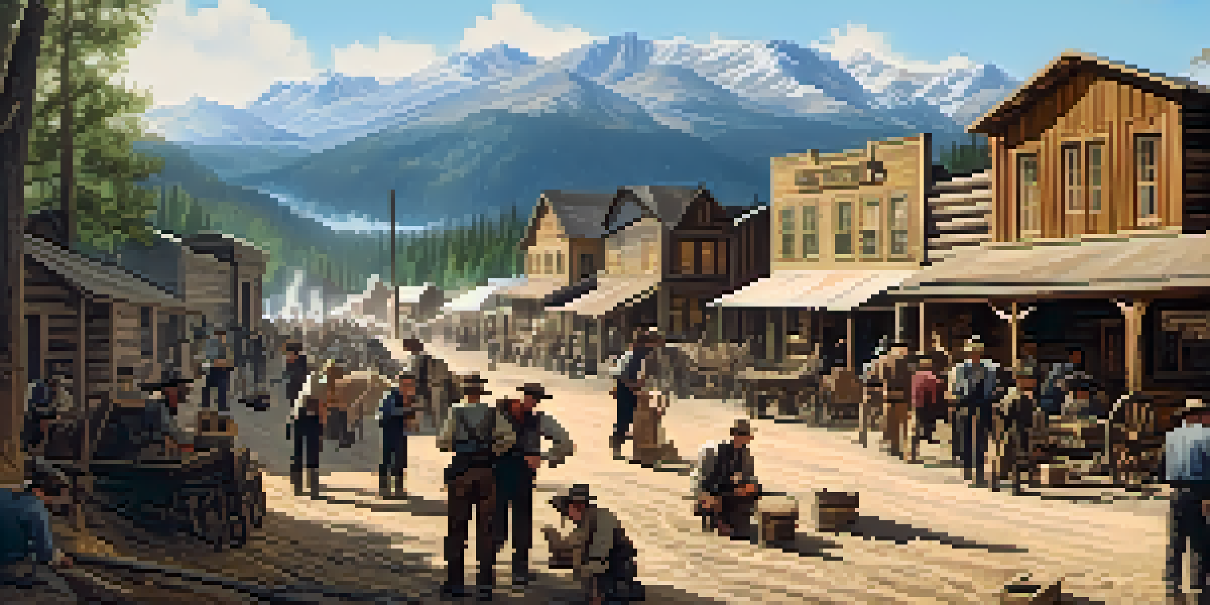 A lively 19th-century mining town scene, with miners in period clothing, wooden stores, and a mountainous backdrop.