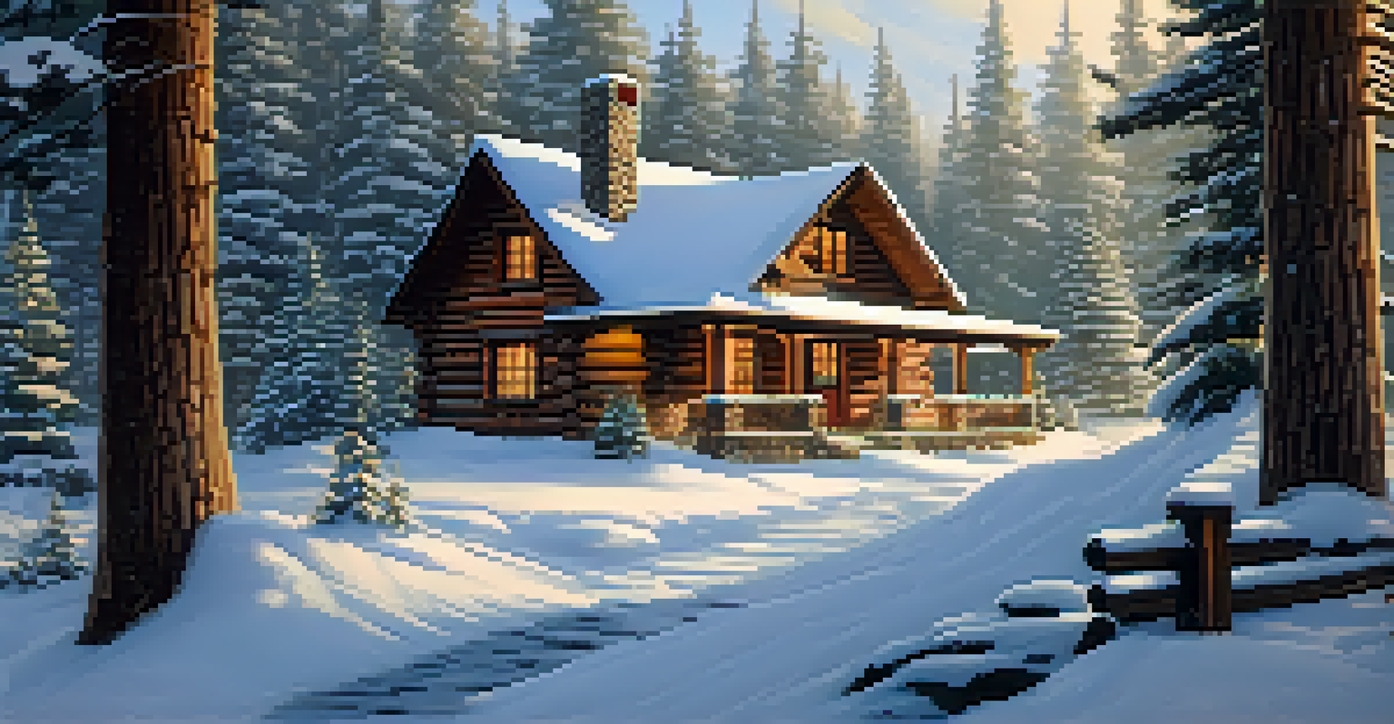 A cozy cabin in the snowy woods of Big Bear, with smoke from the chimney and warm light from the windows.