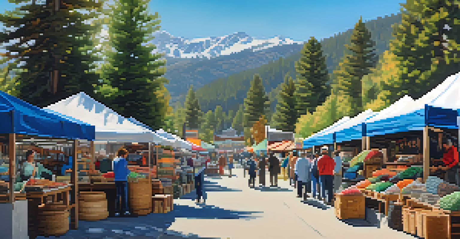 An outdoor market in Big Bear with local artisan stalls displaying unique home furnishings against a scenic mountain backdrop.