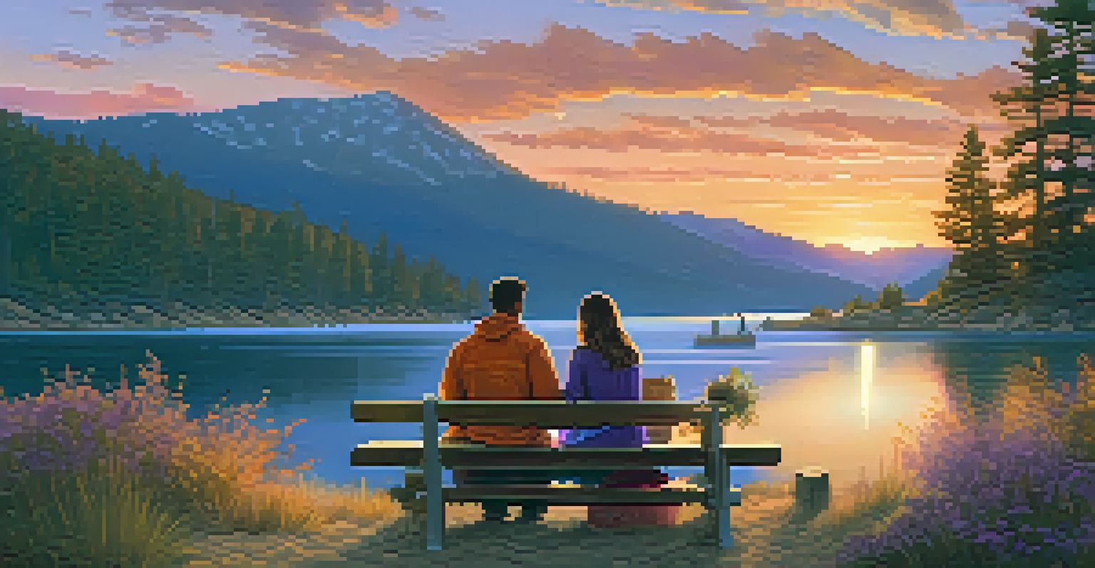 A tranquil sunset view of Big Bear Lake with a bench and a couple having a picnic, surrounded by mountains and warm sky colors.