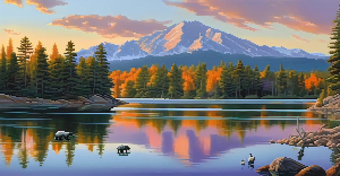 A peaceful sunrise over Big Bear Lake with black bears by the water and songbirds in the trees, surrounded by mountains.