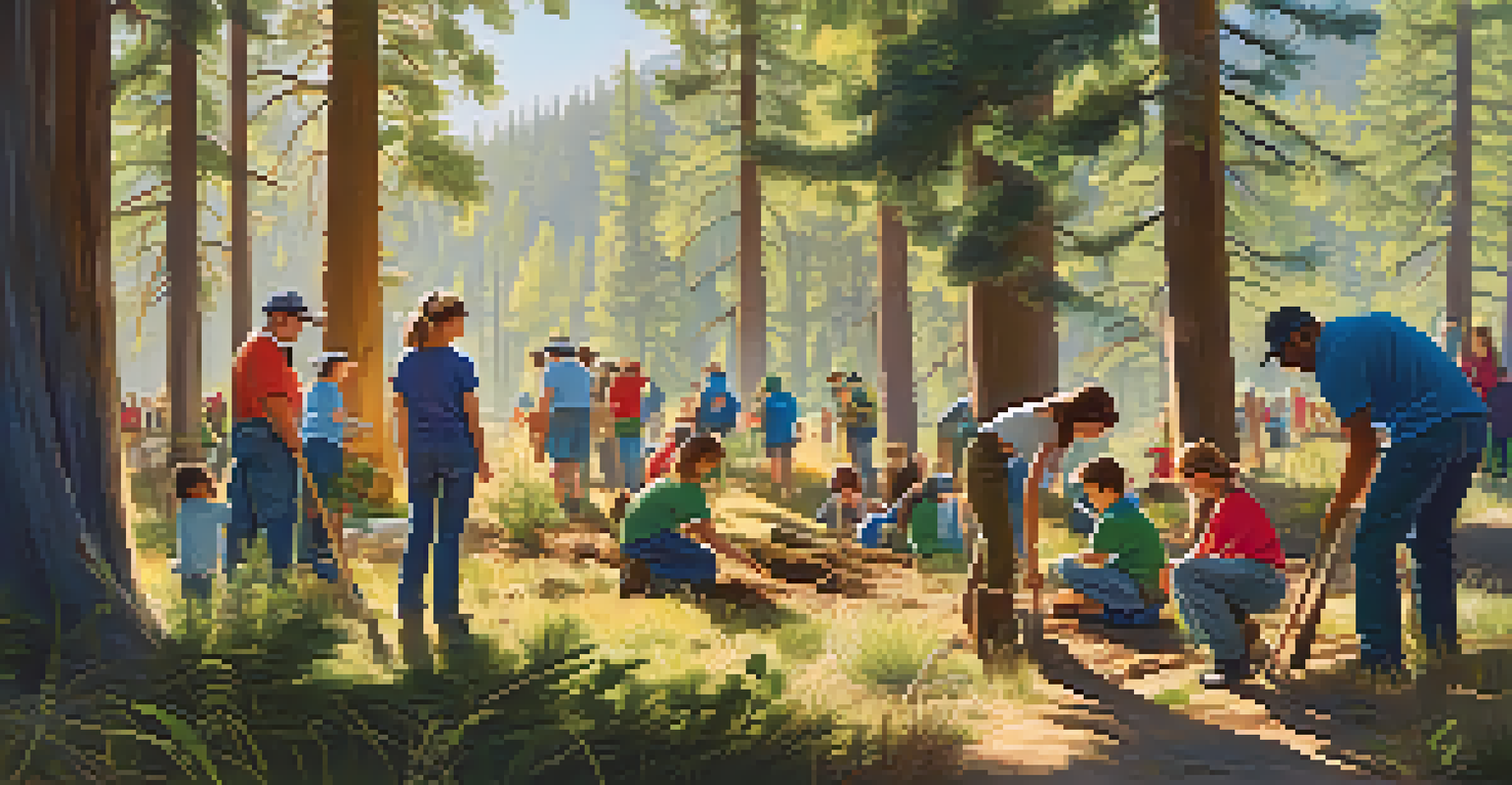 Volunteers planting trees together in a sunny forest clearing during a community conservation event in Big Bear.