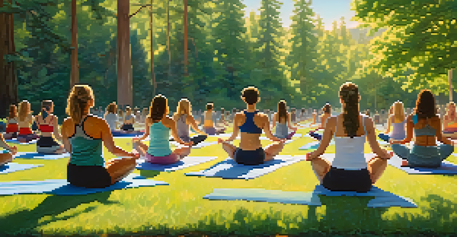 A group practicing yoga in a park surrounded by trees and sunshine, creating a peaceful environment.