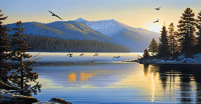 A serene morning view of Big Bear Lake with a bald eagle soaring above and mountains reflected in the calm water.