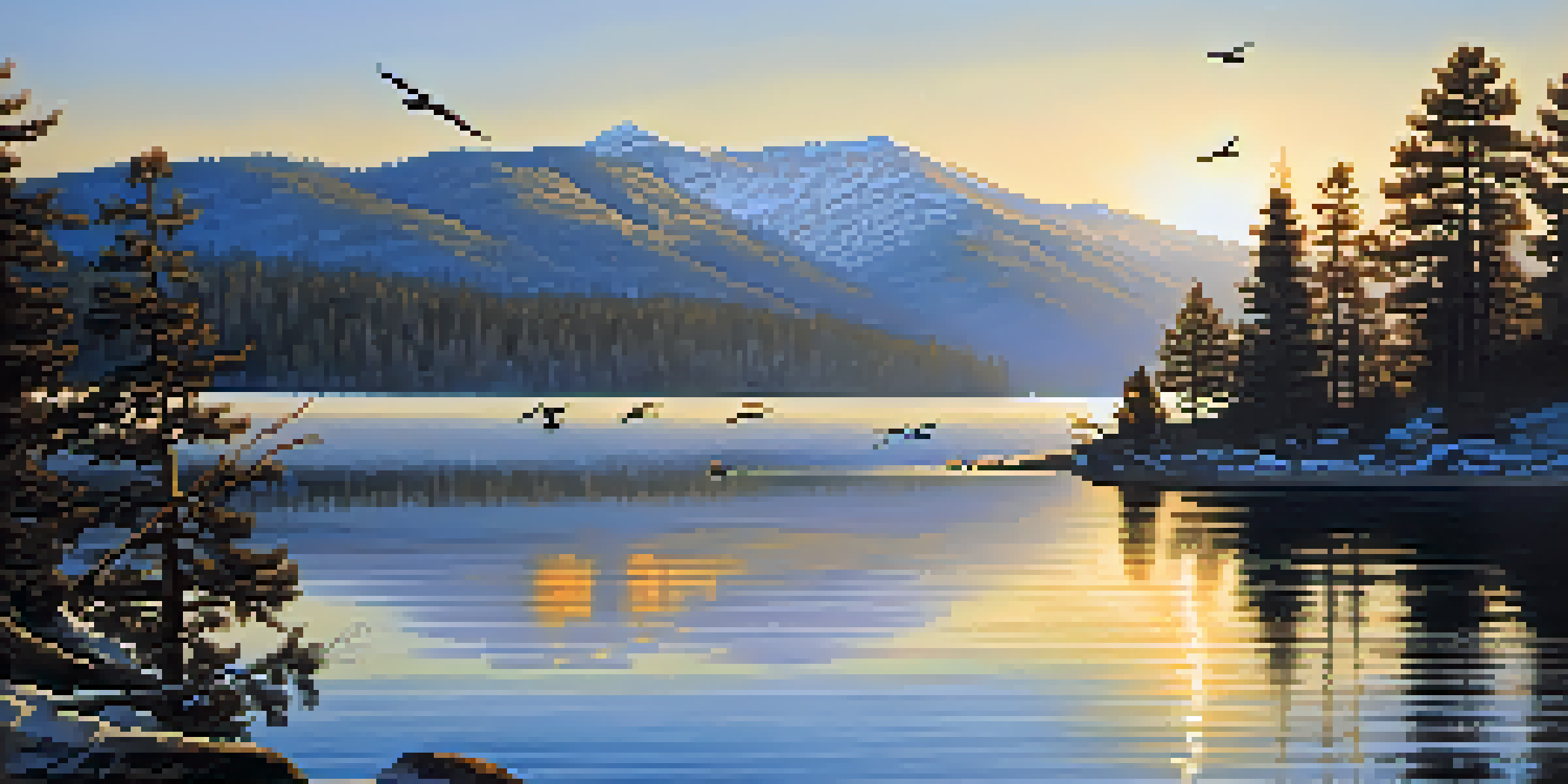 A serene morning view of Big Bear Lake with a bald eagle soaring above and mountains reflected in the calm water.