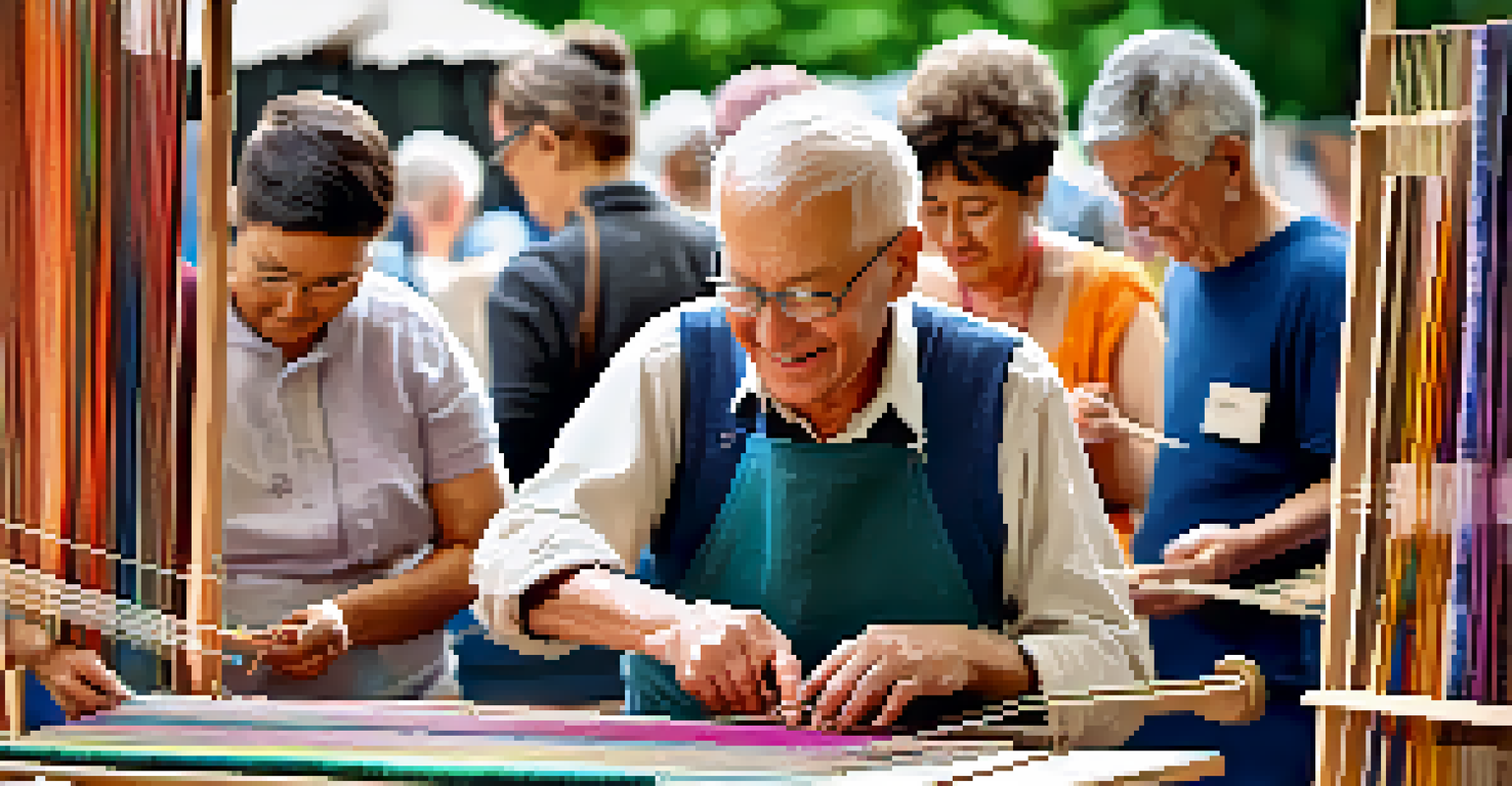 An artisan workshop at a craft fair, with an instructor teaching weaving techniques to a small group of eager attendees, surrounded by colorful threads.