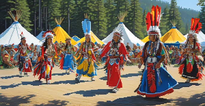 A lively powwow celebration featuring Native American dancers in colorful attire, surrounded by tents and a forest backdrop.