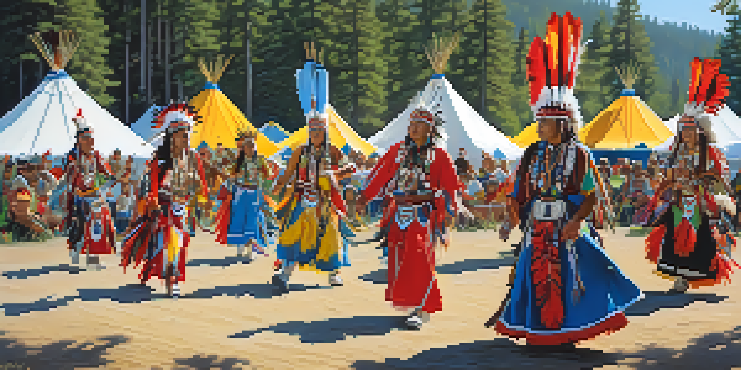 A lively powwow celebration featuring Native American dancers in colorful attire, surrounded by tents and a forest backdrop.