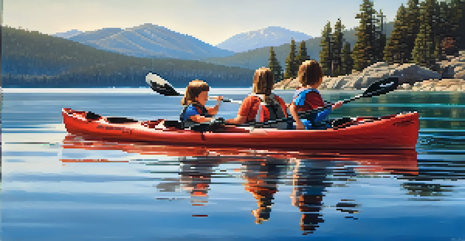 A family kayaking on a calm lake with mountains in the background, enjoying the beautiful outdoors.