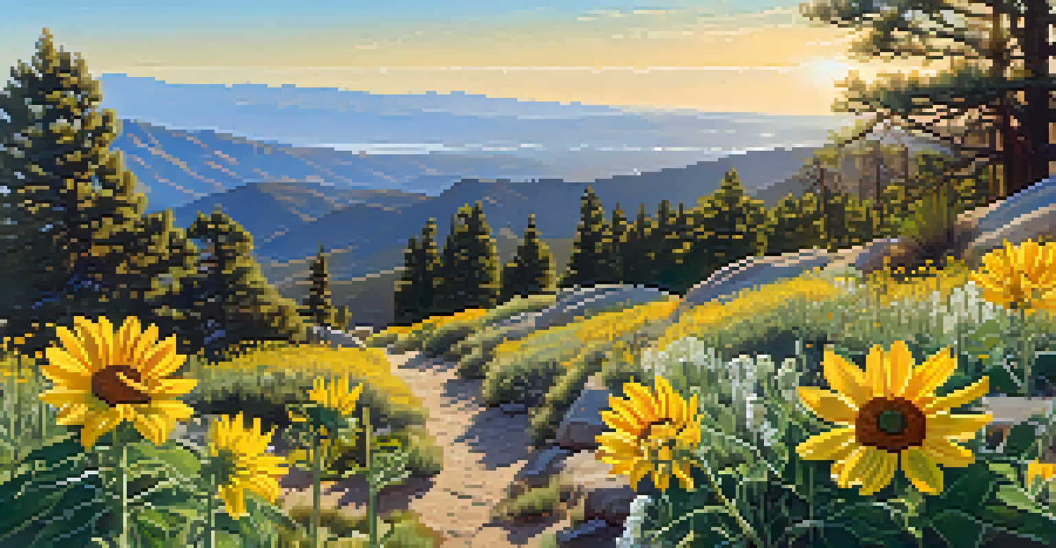A vibrant trail adorned with wildflowers, overlooking majestic mountains and a lake.