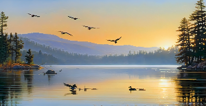 A peaceful morning at Big Bear Lake with birds foraging along the misty shoreline, illuminated by soft golden light.