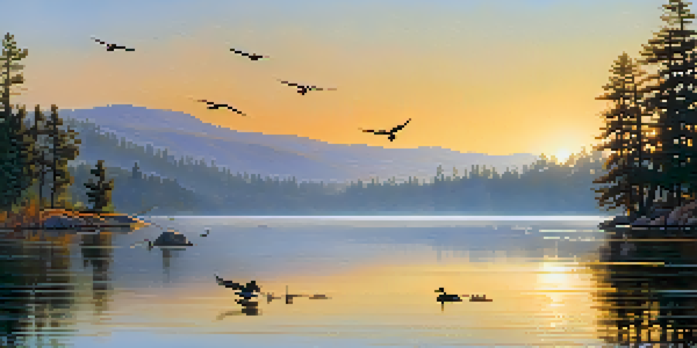 A peaceful morning at Big Bear Lake with birds foraging along the misty shoreline, illuminated by soft golden light.