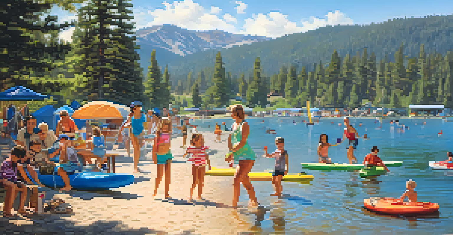 A vibrant campground scene by Big Bear Lake filled with families swimming, paddleboarding, and fishing, surrounded by colorful tents and mountains.