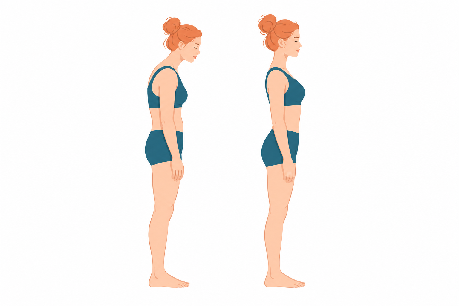 Before and after illustration showing improved posture and body alignment through a whole-body approach to musculoskeletal health.