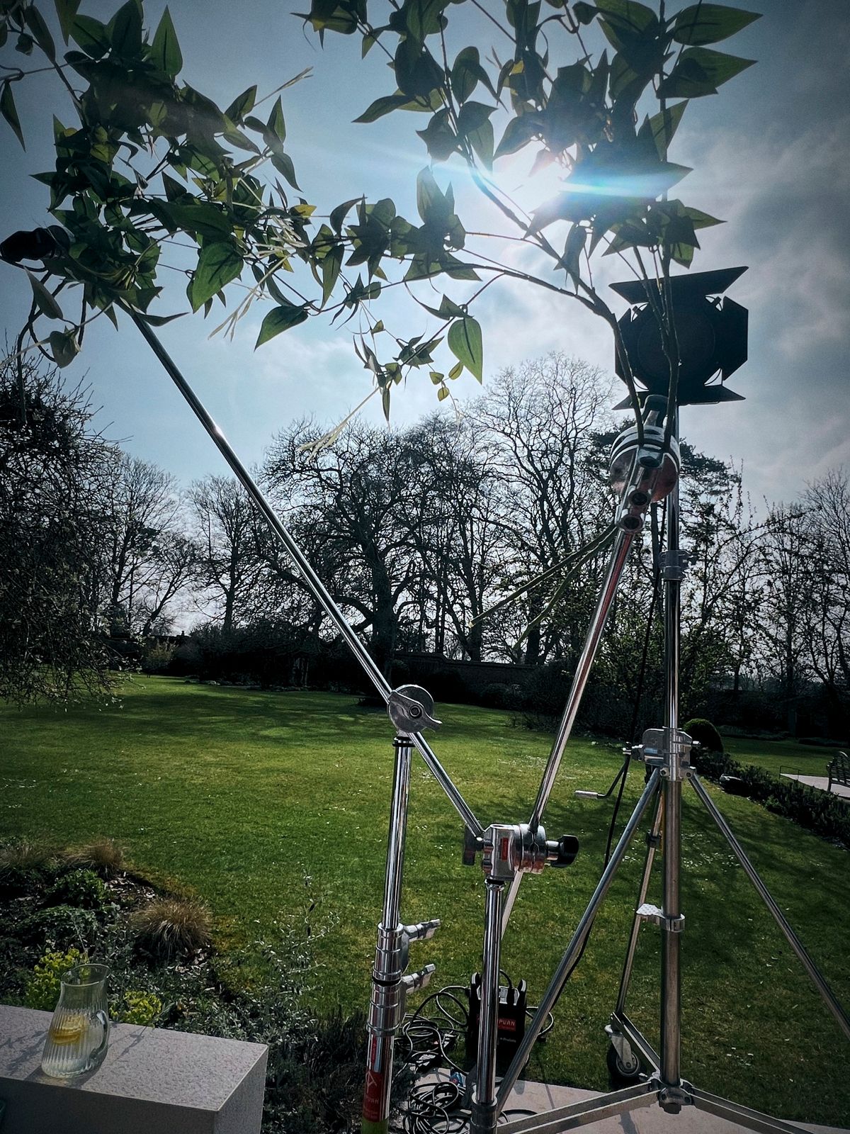 Lighting set up to fake a golden evening on the Waitrose summer shoot in Winchester.