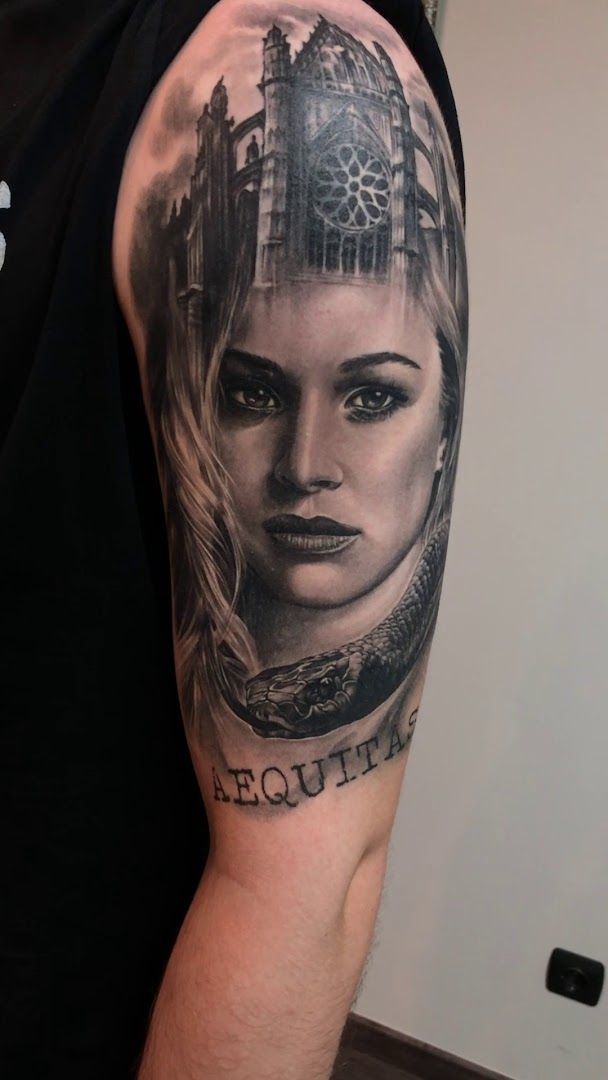 a cover-up tattoo of a woman with a clock on her arm, nürnberg, germany