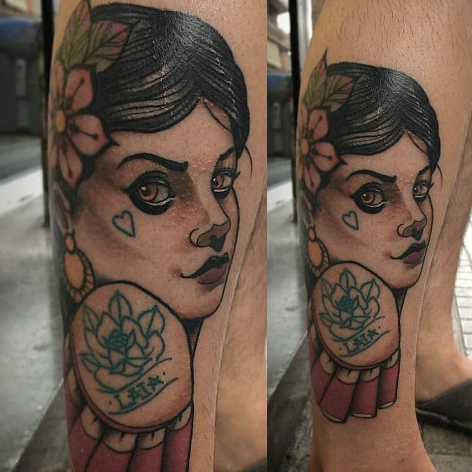 a cover-up tattoo of a woman with a flower on her leg, waldshut, germany