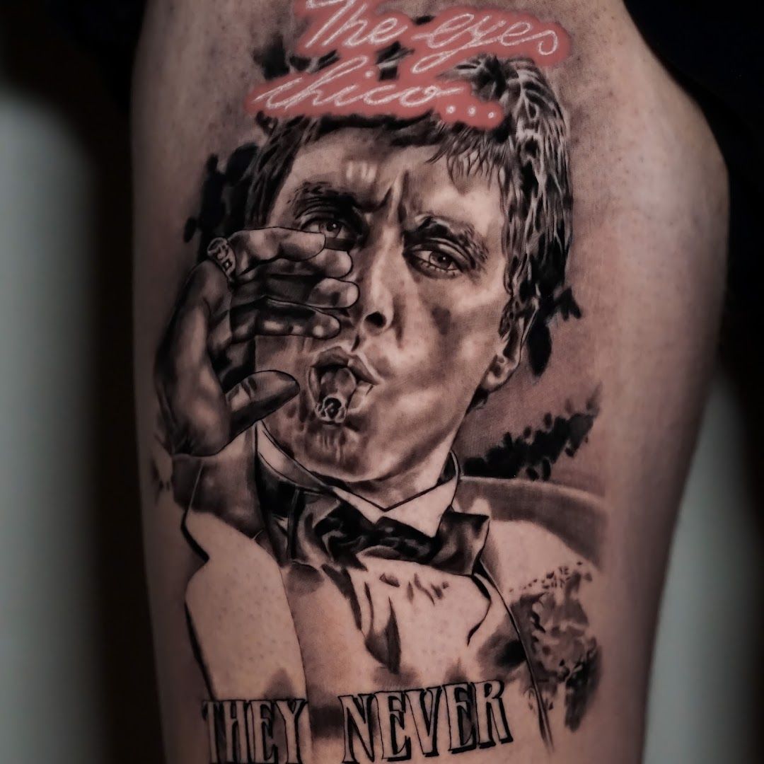 a cover-up tattoo of a man smoking a cigarette, hamburg, germany