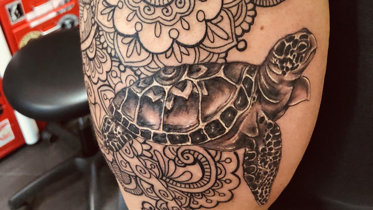 a cover-up tattoo of a turtle and a flower, schwerin, germany