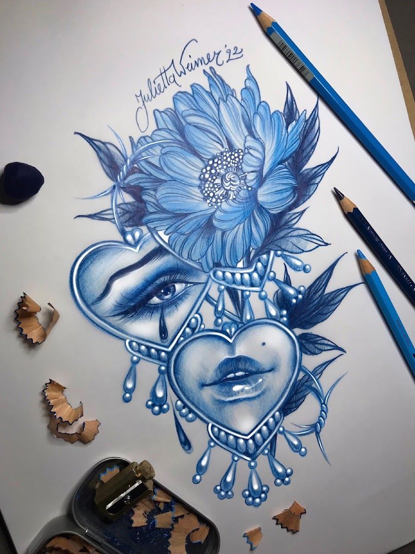 a drawing of a blue flower with a heart and a heart in the middle