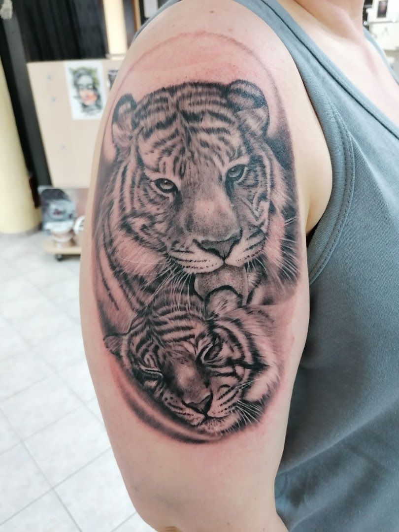 a tiger and cub cover-up tattoo on the arm, bitburg-prüm, germany