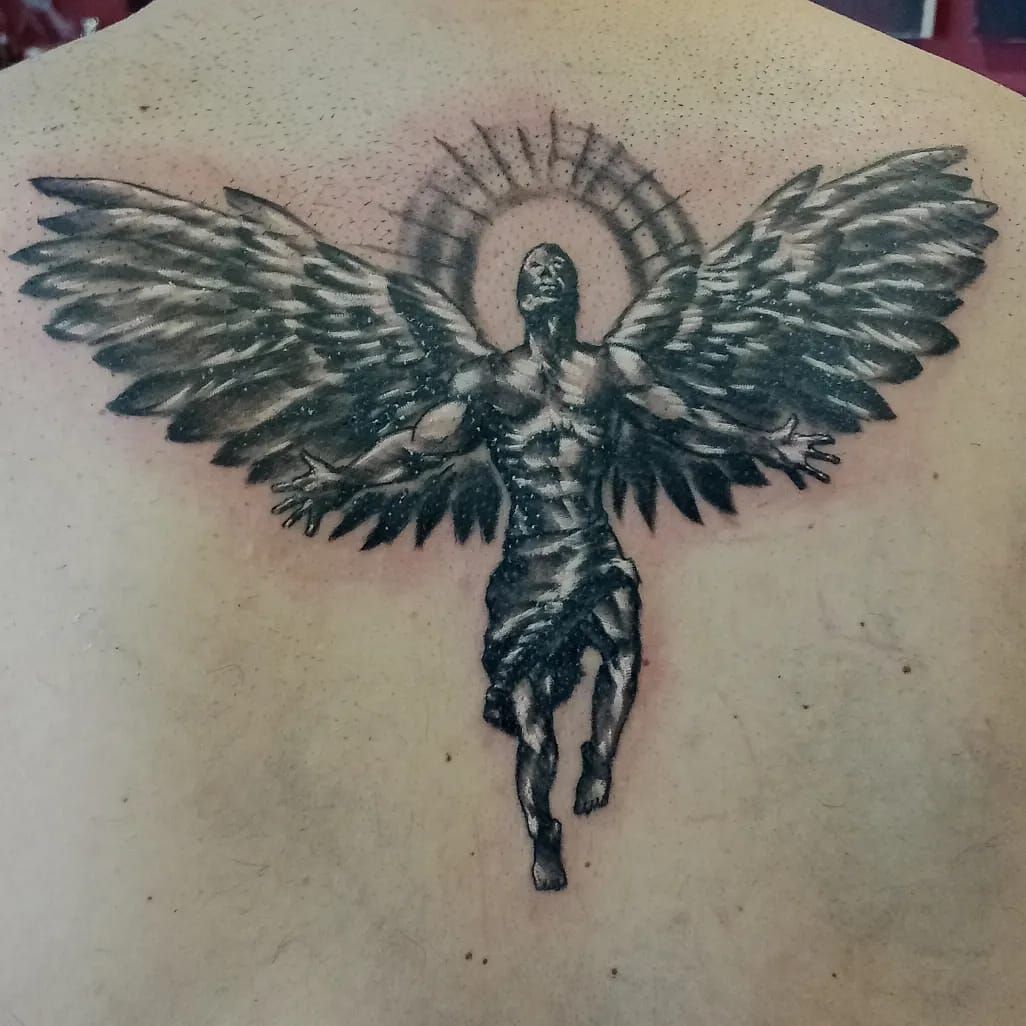 a narben tattoo of an angel on the back, bochum, germany