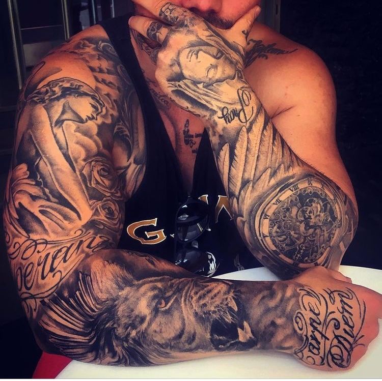 a man with cover-up tattoos on his arms, kreisfreie stadt darmstadt, germany