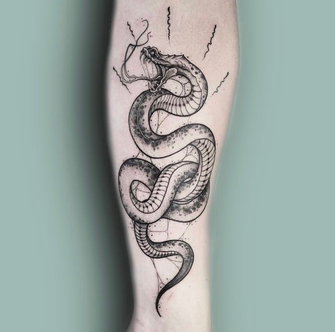 a black and white cover-up tattoo design of a snake, neunkirchen, germany