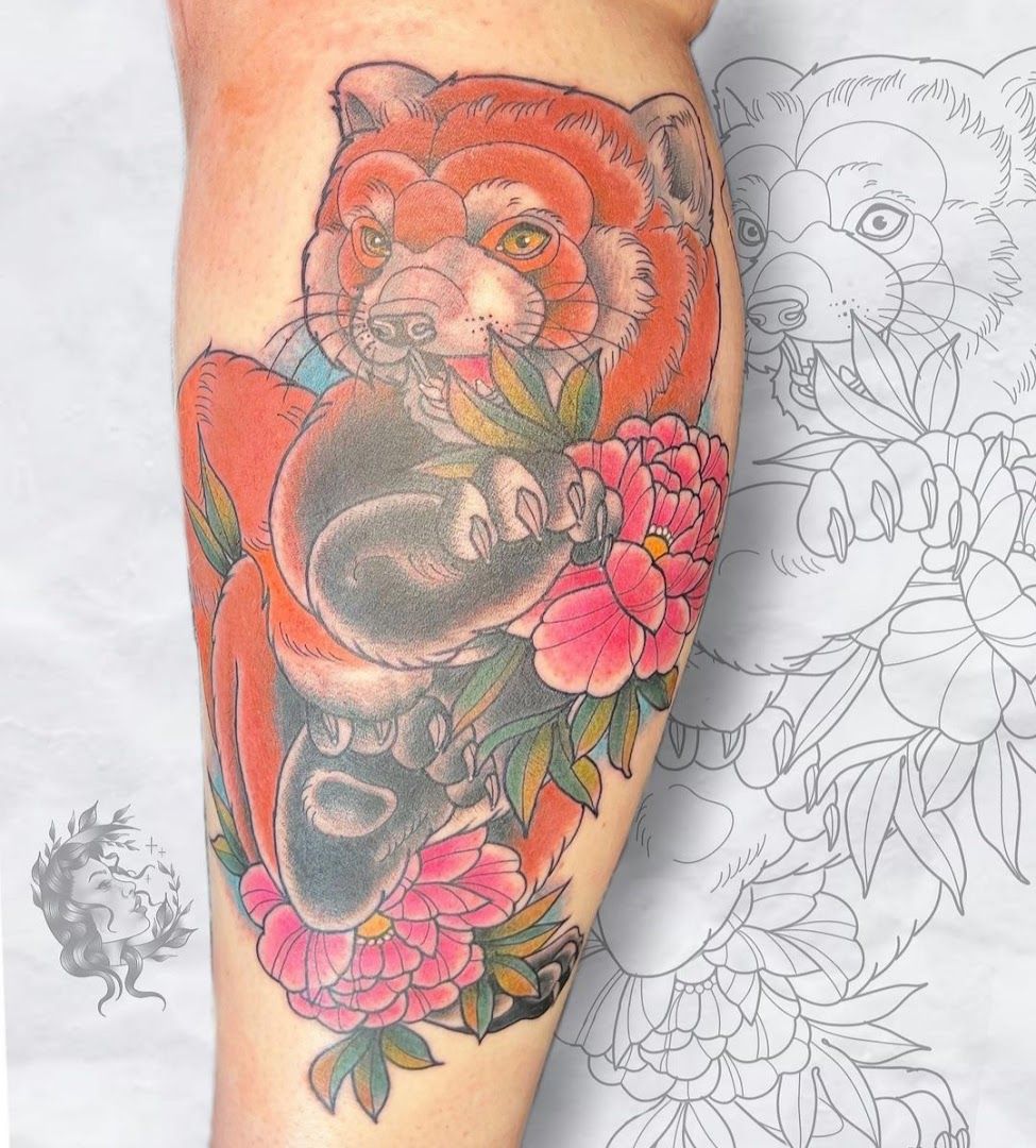 a cover-up tattoo of a fox and a cat on the arm, darmstadt-dieburg, germany