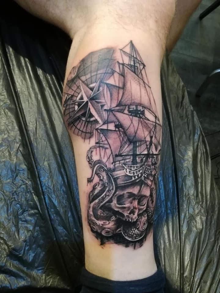 a cover-up tattoo of a ship with a skull on it, bernkastel-wittlich, germany